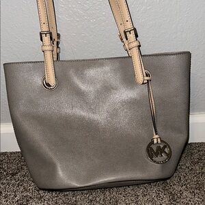 Michael Kors Gray Leather Tote with Silver Charm/Accents